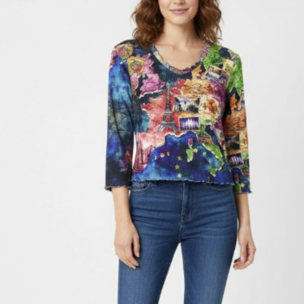 Vintage Impulse California Medium Colorful Artsy‎ Graphic Stretch Knit Top Boho
